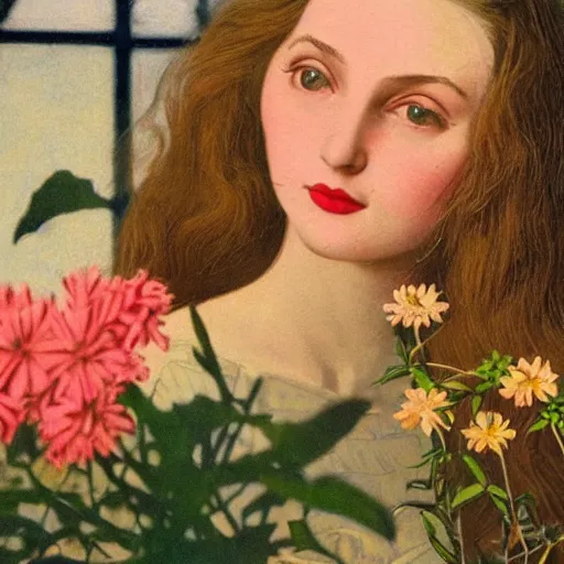 Image similar to a lot of flowers morphing in a beautiful girls face, film still by wes anderson, depicted by balthus, limited color palette, very intricate, art nouveau, highly detailed, lights by hopper, soft pastel colors, minimalist