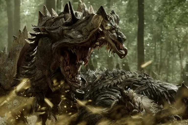 Image similar to vfx movie closeup detailed ancient armored warrior orc hunting riding large wolf in the forest, natural lighting by emmanuel lubezki