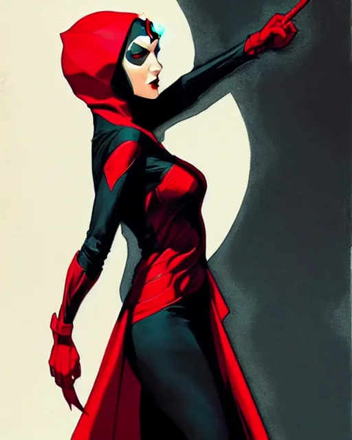 Prompt: rafael albuquerque comic art, peter mohrbacher, phil noto, artgerm, pretty evil elizabeth olson scarlet witch comics, black and red dress, symmetrical eyes