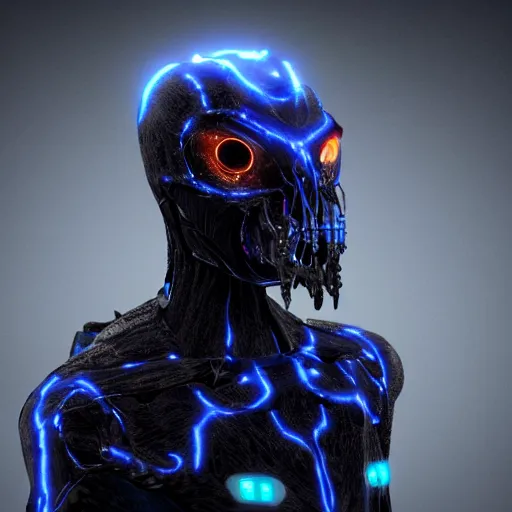 Image similar to award - winning. trending on artstation. 4 k. eerie tone. a robotic figure wearing a hooded cape made of the night sky with 1 5 dark blue glowing eyes on its face and rows of teeth on its chest. portrait.