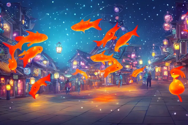 Image similar to fantasy art of glowing goldfish swimming in the air, in the streets of a japanese town at night, with children outside watching in wonder, in the style of studio ghibli and makoto shinkai, highly detailed digital art, trending on artstation