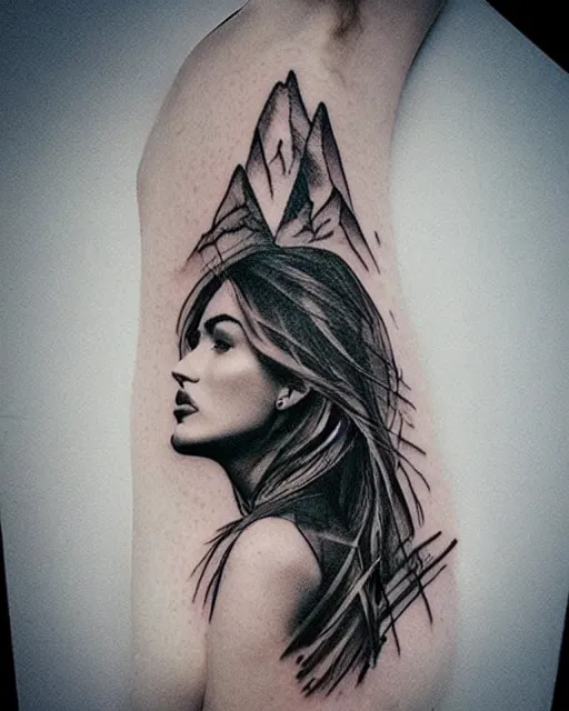 Image similar to amazing double exposure effect tattoo design sketch of megan fox with beautiful mountains, realism tattoo, in the style of andrey lukovnikov, amazing detail, sharp