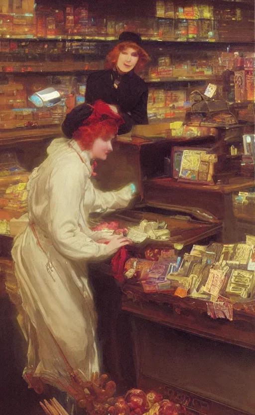 Image similar to the grime reaper working the cash register at the local walmart by john blanche and delphin enjolras and daniel f. gerhartz