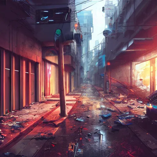 Image similar to a cyberpunk alley, debris, damaged streets, wires crossing the windows, dusk, smoke, hyperealistic, artstation, cgsociety, 8 k