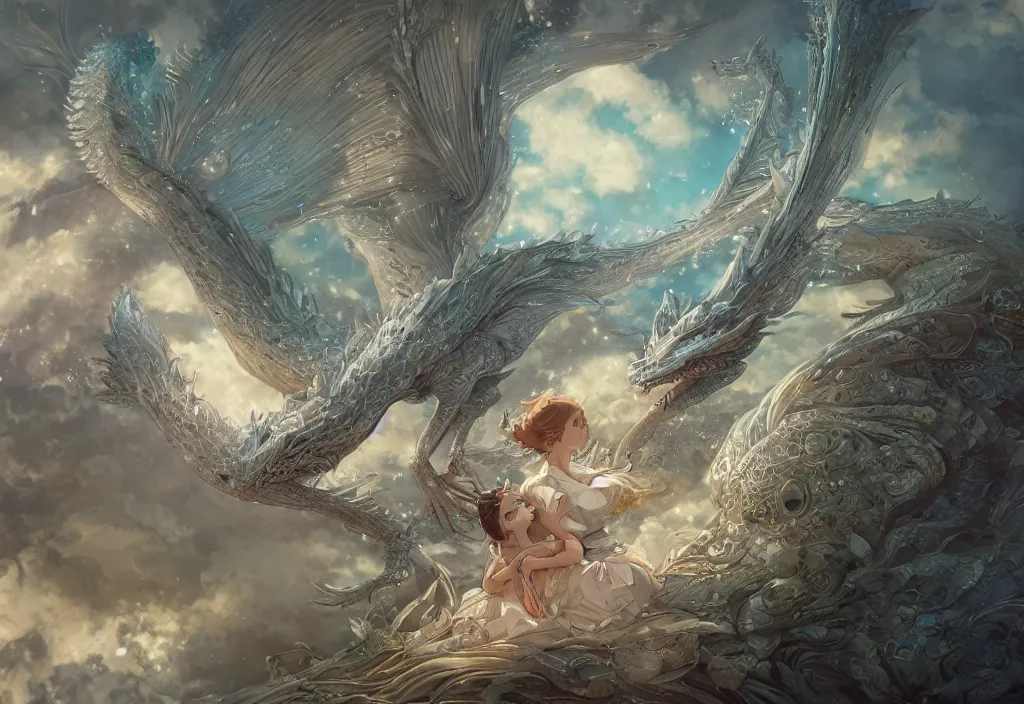 Image similar to the beautiful hyper detailed scene render that a beautiful girl lies in the arms of a huge silver dragon alone in the fairyland surrounded by white clouds, in the style of makoto shinkai victo ngai and peter mohrbacher studio ghibli artgerm karol bak beeple, animation style, 8 k hd, dream, ultra wide angle, animation style