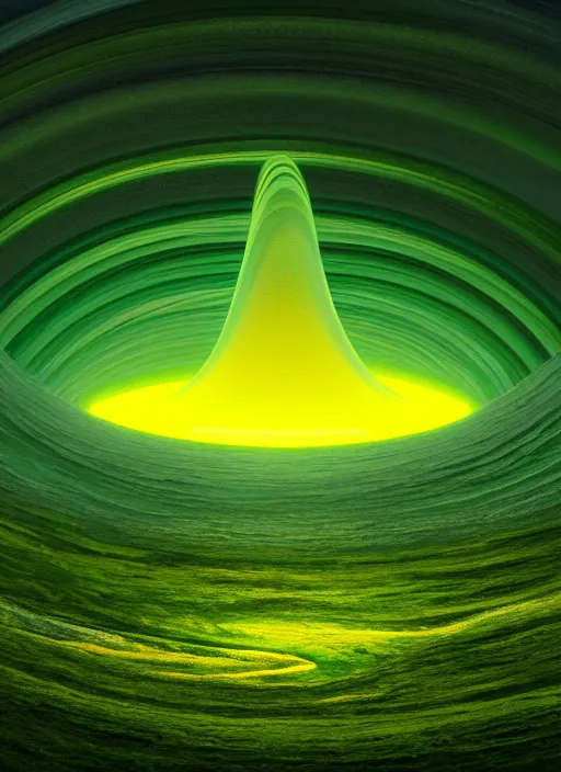 Prompt: a painting of a green and yellow swirl in the middle of a mountain, a computer rendering by mike winkelmann, shutterstock contest winner, nuclear art, tesseract, apocalypse art, concept art