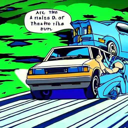 Prompt: scooby doo holding the steering wheel driving inside a nissan pulsar through windy roads in the hills, anime style akira initial d