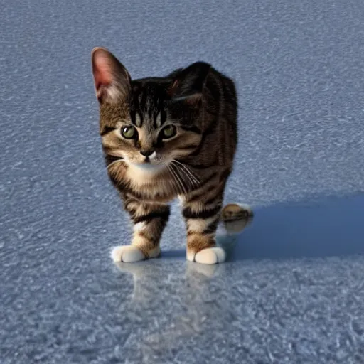 Prompt: a cat standing on the middle of a frozen lake