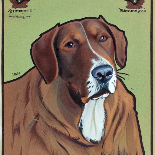 Image similar to portrait of brown danish - swedish farmdog with a background in the style of mucha