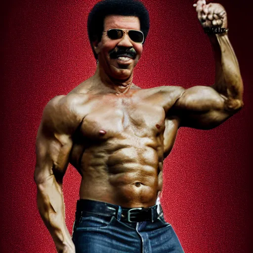 Image similar to Lionel richie with the physique of a body builder, hyper realistic, ultra detailed, cinematic, dynamic lighting, photorealistic, refined, intricate, digital art, digital painting, masterpiece, 8k