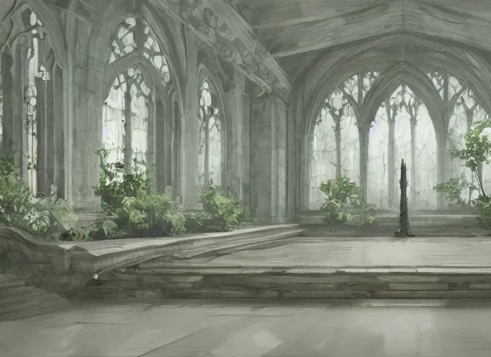 Image similar to clean neat clarity professional visual development set design, large gothic hall, sparse plants, dim painterly lighting volumetric aquatics, impasto, trending on pixiv