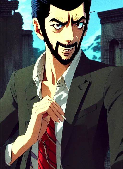 Image similar to a film still portrait of a 1 9 8 0's lupin iii, finely detailed features, closeup at the face, perfect art, in ancient city ruins, water, sun, gapmoe yandere grimdark, trending on pixiv fanbox, painted by greg rutkowski makoto shinkai takashi takeuchi studio ghibli, akihiko yoshida,