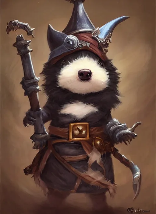 Image similar to cute little anthropomorphic skunk wizard wearing bindrain (eyepatch), tiny, small, miniature animal, baby animal, short, pale black armor, cute and adorable, pretty, beautiful, DnD character art portrait, matte fantasy painting, DeviantArt Artstation, by Jason Felix by Steve Argyle by Tyler Jacobson by Peter Mohrbacher, cinematic lighting