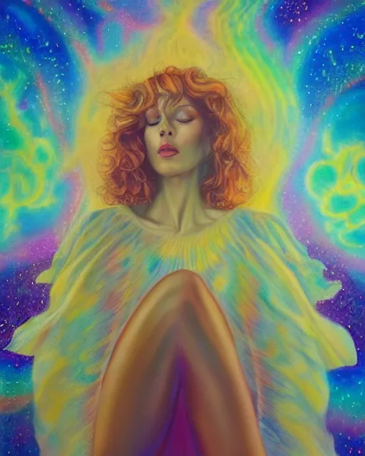 Image similar to realistic portrait of celestial being in silky clothes, psychedelic, light, glory, golden, delicate, hyper realism, ultra realistic, 8 k