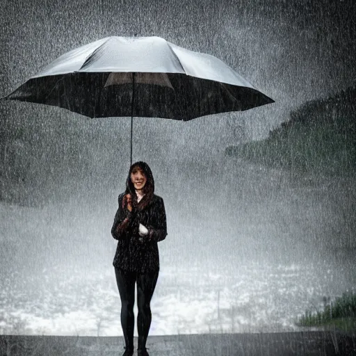 Image similar to 4 k hdr full body wide angle sony portrait kim showering in a rainstorm with moody stormy overcast lighting