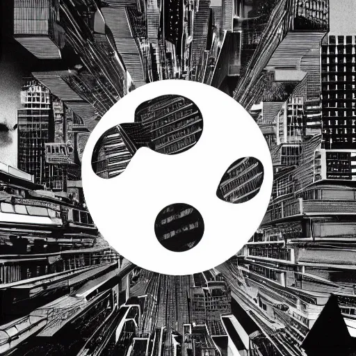 Image similar to a faint yin - yang daoist symbol superimposed on the futuristic cityscape in a utopian well - organized society, black and white multiscale