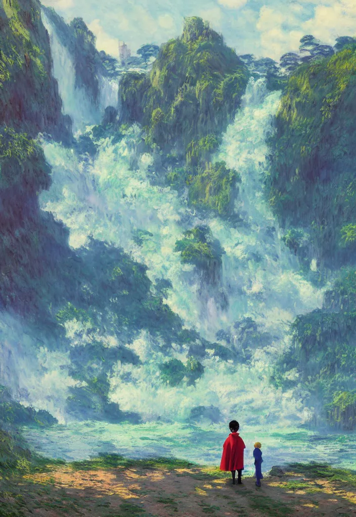 Image similar to tiny businessman wearing a cape in front of a japanese city in the mountain surrounded by waterfall. cyberpunk, boats flying. beautiful blue sky. gorgeous epic nature, lofi, vivid colors, amazing light, by jeremy lipkin, by claude monet, heavily inspired by makoto shinkai, inspired by ghibli, masterpiece, multiple brush strokes, impressionist style