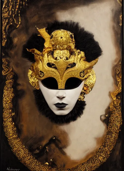 Image similar to highly detailed oil painting | very intricate | cinematic lighting | black, white and gold color scheme, dark background | the yoruba mask by alexander mcqueen | by roberto ferri, by gustav moreau, by singer sargent and klimt, american romanticism, by austin osman spare, artstation, cgsociety, official art, octane