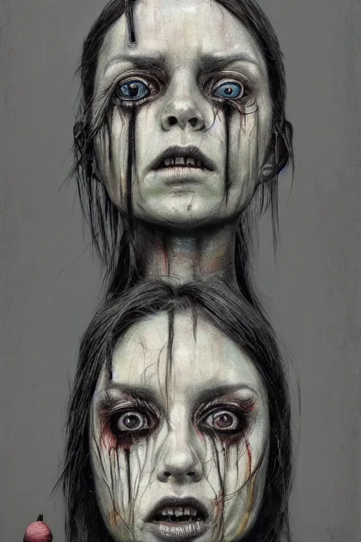 Image similar to crayon cartoon grunge portrait of a creepy horror nurse girl . intricate artwork. nightmare fuel. terrifying. by zdzisław Beksiński, wlop, dan mumford , trending on artstation, greg rutkowski very coherent symmetrical artwork. cinematic, hyper realism, high detail, octane render, 8k