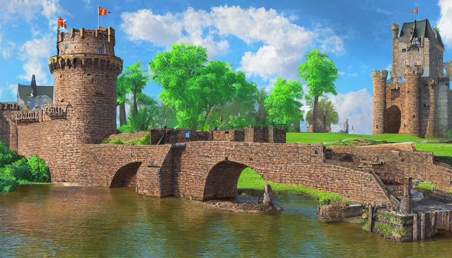 Image similar to a castle with a moat and drawbridge, digital art, highly detailed, realistic, bright colors, 8 k