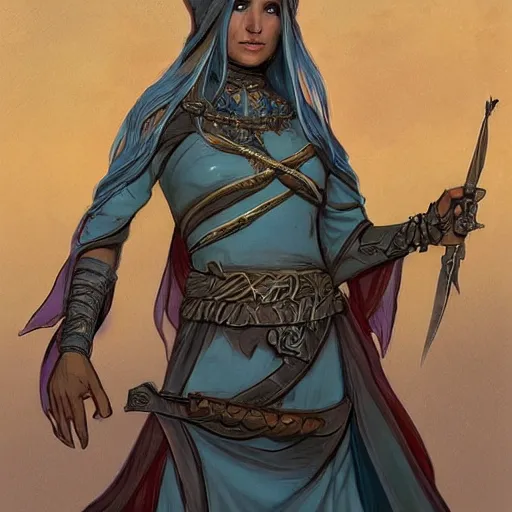 Image similar to Emeth the elven desert bandit. Arabian style. Epic portrait by james gurney and Alfonso mucha (lotr, witcher 3, dnd, dragon age, gladiator, scoia'tael).