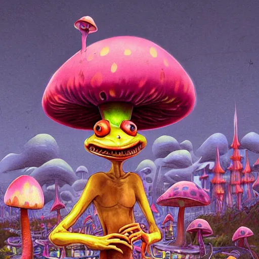 Image similar to A centered chest up portrait of a psychedelic demonic anthropomorphic frog smoking a hand-rolled cigarette smoking heavily , magic mushroom village in background . award winning. superb resolution. in the art style of junji Ito and greg rutkowski . Detailed Mushroom city in background. Hyper realistic anime. Perfect art. Dalle2