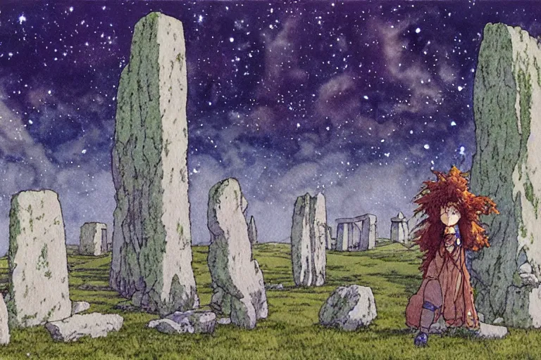 Prompt: hyperrealist studio ghibli watercolor fantasy concept art of a 1 0 0 ft. giant druid sitting on stonehenge. it is a misty starry night. by rebecca guay, michael kaluta, charles vess