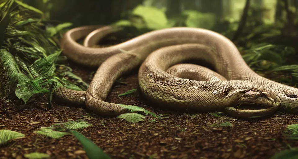 Prompt: closeup portrait of a python laying in a circle in a jungle environment, dramatic lighting, cinematic, octane render, cgsociety, artstation, 4k