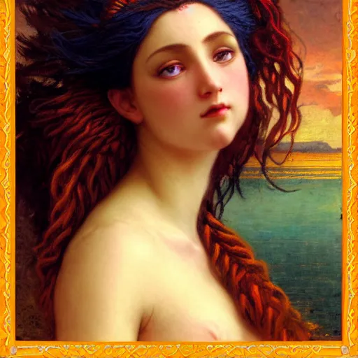 Image similar to a beautiful stunning interesting detailed fantasy whimsical matte digital portrait illustration of a mermaid with turqoise hair, yellow-orange and red-violet sunset, spectacular sunset, in the style of William Adolphe-Bouguereau and Marc Simonetti, magic the gathering, trending on artstation hq, contest winner