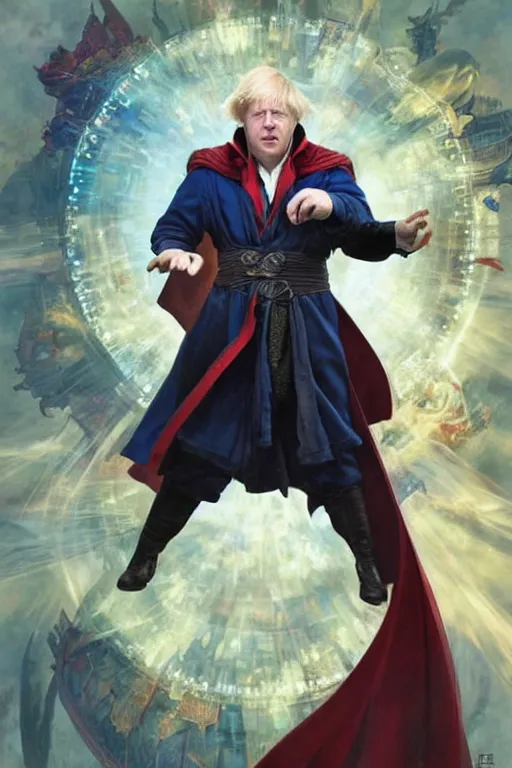 Image similar to Boris Johnson as Dr. Strange, highly detailed character in digital fantasy, oil painted portrait, artstation, concept art, hard focus, smooth, sharp focus, hyper realistic, illustrations, works by Artgerm and Greg Rutkowski, Alphonse Mucha and Craig Mullins, James Gene, Andrey Ryabovichev, Mark Simonetti and Peter Morbacher, 16 thousand