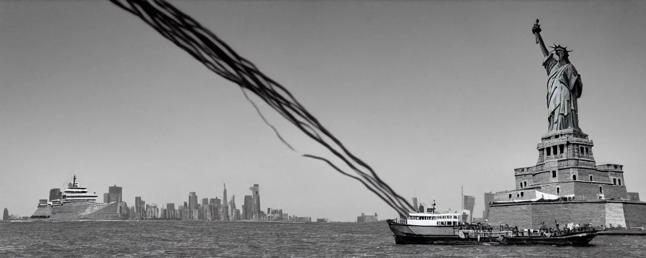 Prompt: a large ship transporting spaghetti in hudson river, background of the statute of liberty, canon 5 0 mm, photography, film, kodachrome