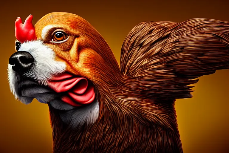 Prompt: a digital painting of a chicken - dog hybrid, wide - shot, hyperealism, award winning, stunning, trending on art - sation, highly detailed, cinematic lighting, 8 k, hd