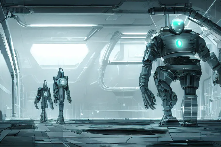 Image similar to parallax datacenter server room interior single mono colossus white rusty android robosaurus artstation cinematic detailed concept art volumetric light sharp coherent cgsociety symmetric perfect well balanced shadows lotr alien retrofuturism