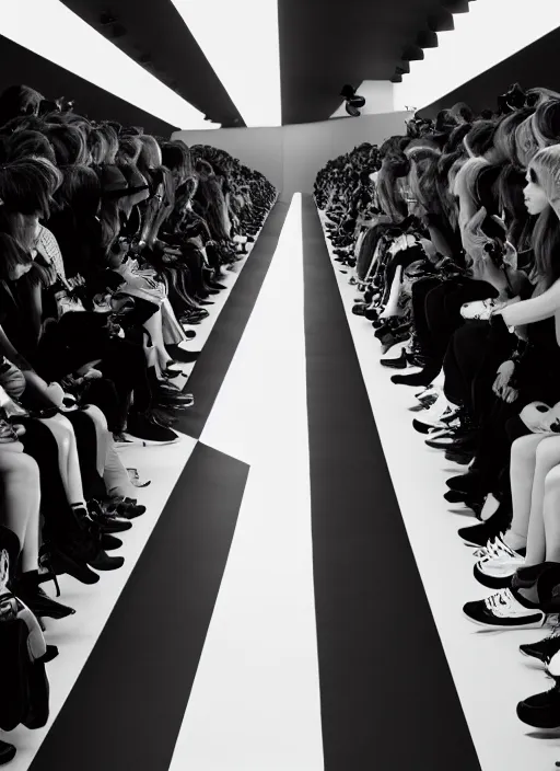 Image similar to still photo of balenciaga fashion show cat walk, black and white color aesthetic, highly detailed, photorealistic portrait, bright studio setting, studio lighting, crisp quality and light reflections, unreal engine 5 quality render