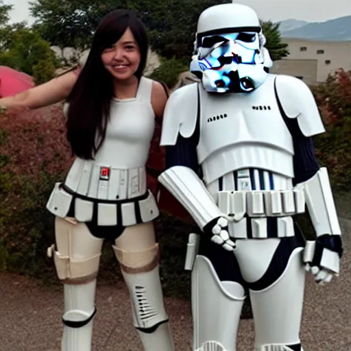 Image similar to a stormtrooper hugging an anime girl