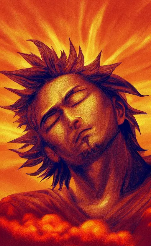 Image similar to photorealistic portrait of the god Sun Goku sitting on a cloud meditating on a steep hill Infront of a orange and red sunset, digital photorealistic art, concept art, trending on art station