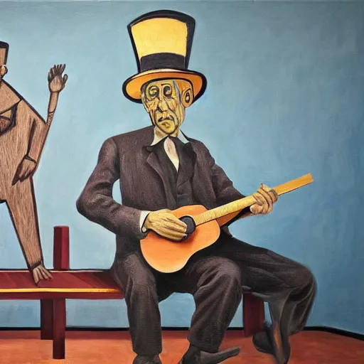 Prompt: in an art gallery, there is a huge picasso painting of a simple and lonely old man playing the guitar. a man in a top hat and a suit is admiring the painting. cgsociety, surrealism, surrealist, dystopian art, 3 d
