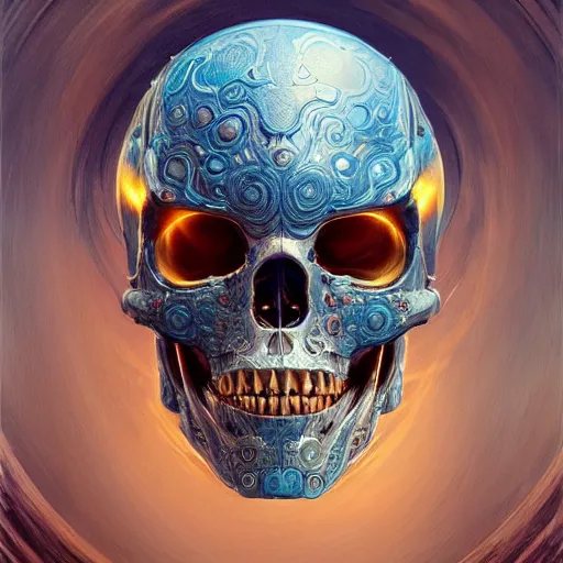 Image similar to hyperdetailed robotic skeleton head with blue human eyes, blue eyes, symetry, golden ratio, intricate, detailed, volumetric lighting, scenery, digital painting, highly detailed, artstation, sharp focus, illustration, artstation, art by artgerm and greg rutkowski and alphonse mucha