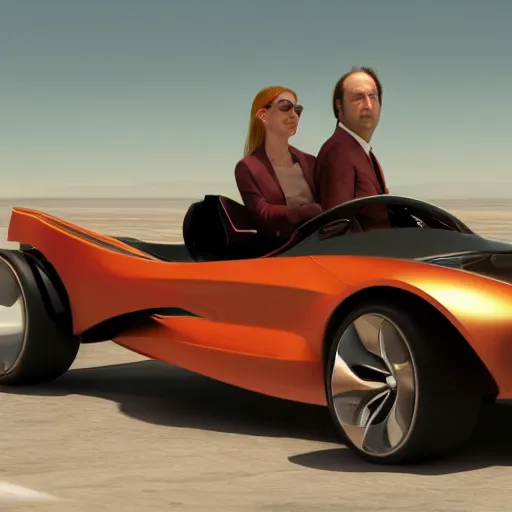 Image similar to Saul Goodman driving a convertible futuristic car at very high speeds, highly detailed, 4k octane render