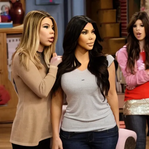 Image similar to Icarly with kim kardashian as Carly, 8k full HD photo, cinematic lighting, anatomically correct, oscar award winning, action filled, correct eye placement,