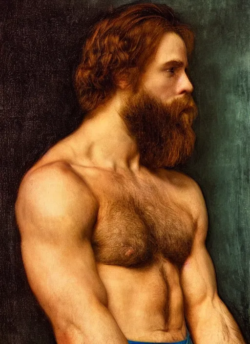 Image similar to Pre-Raphaelite young beautiful muscular brown-haired bearded muscular male, neon light