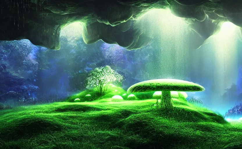 Image similar to a beautiful and stunning professional digital artwork of a glowing mushroom cave, haze, spores floating in the air, waterfall, volumetric lighting, hyperrealistic, green, blue, rtx on, ultra detail