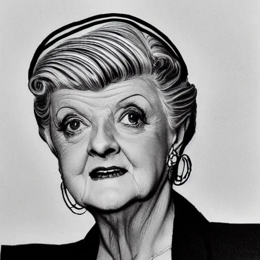 Prompt: black and white portrait of dame angela lansbury, drawn with ball point pen by m. c. escher, very very very detailed