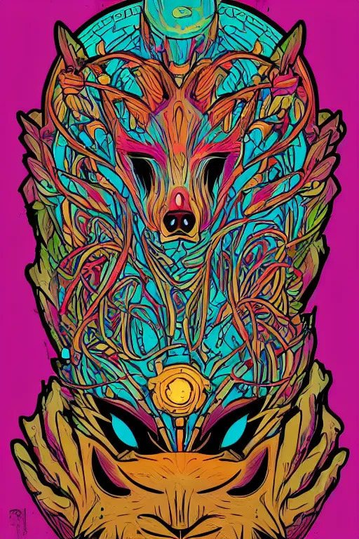 Image similar to animal mask totem roots flower tribal feather gemstone plant wood rock shaman vodoo video game vector cutout illustration vivid multicolor borderlands comics by josan gonzales and dan mumford radiating a glowing aura