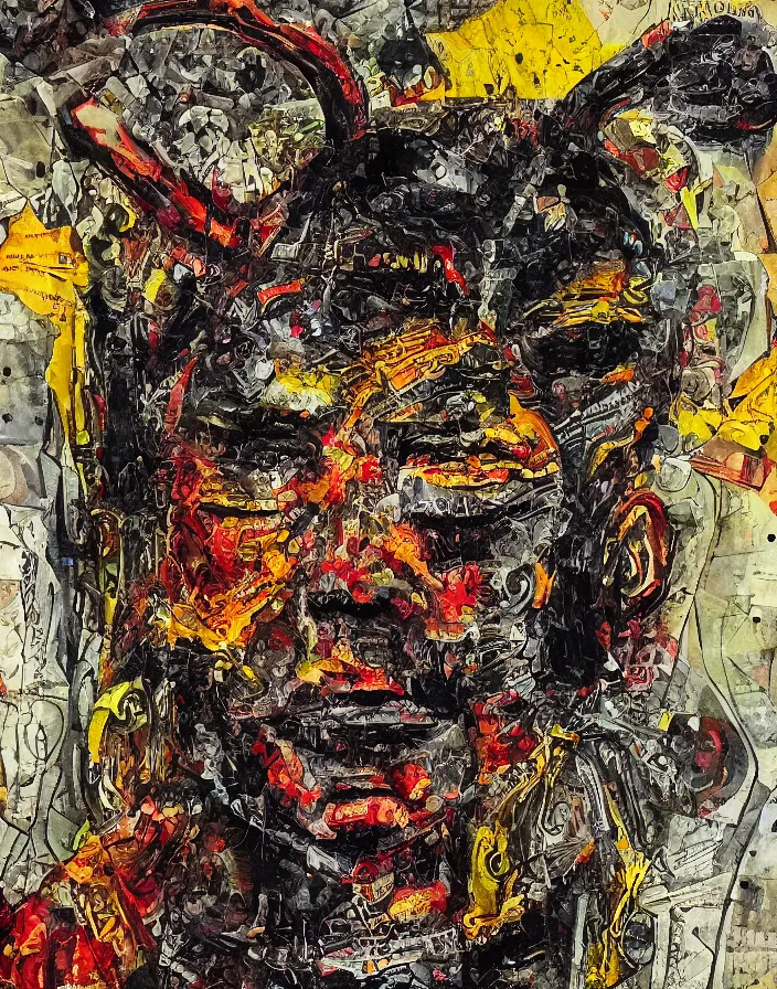 Prompt: devil looking at me embraced detailed chaotic analogue dada collage with deep texture in style of conteporary art, photorealistic, expressionism, masterpiece, balanced composition, wide range of colors, spectacular quality, intricate oil details