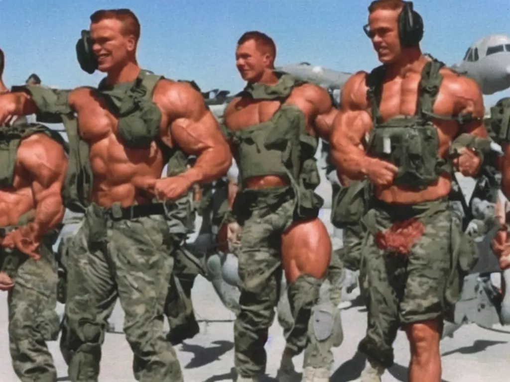 Prompt: vintage 90s VHS video still of muscular males promoting military aircrafts, realistic photo