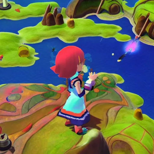 Image similar to “a still of Chrono Cross, Wind Waker, and Yoku’s Island Express crossover game”