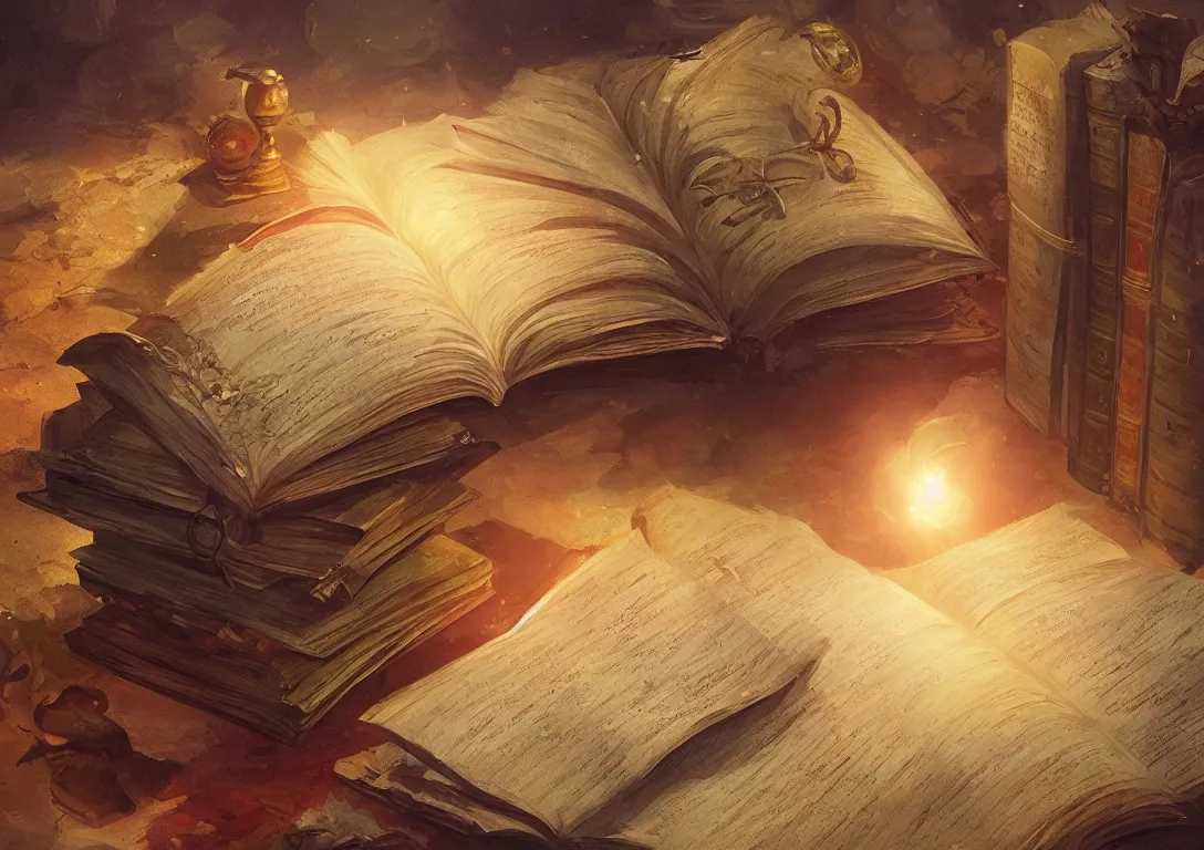 Image similar to a painting of a lone magical book laying open on a desk, fantasy concept art, golden hour, cinematic lighting, highly detailed