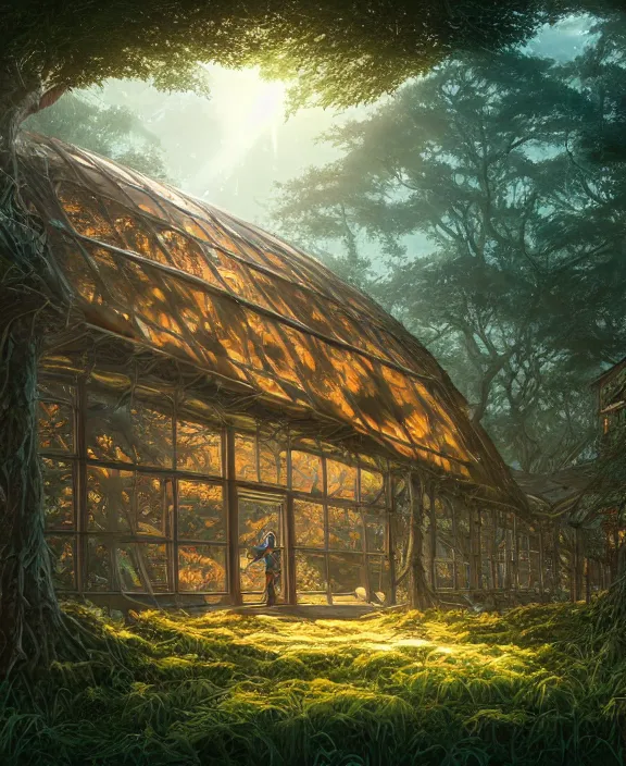 Image similar to a large schoolhouse made from leaves, overgrown with huge exotic fungus, deep in the woods, noon, sun drenched, partly cloudy, by dan mumford, yusuke murata, makoto shinkai, ross tran, cinematic, unreal engine, cel shaded, featured on artstation, pixiv