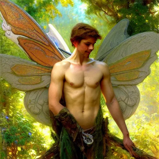 Image similar to attractive male fairy with wings in the forest, posing. highly detailed painting by gaston bussiere, craig mullins, j. c. leyendecker, 8 k